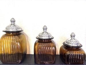 Artland Amber Glass 3pc Square Ribbed Canister Set w/ Silver Metal Lids